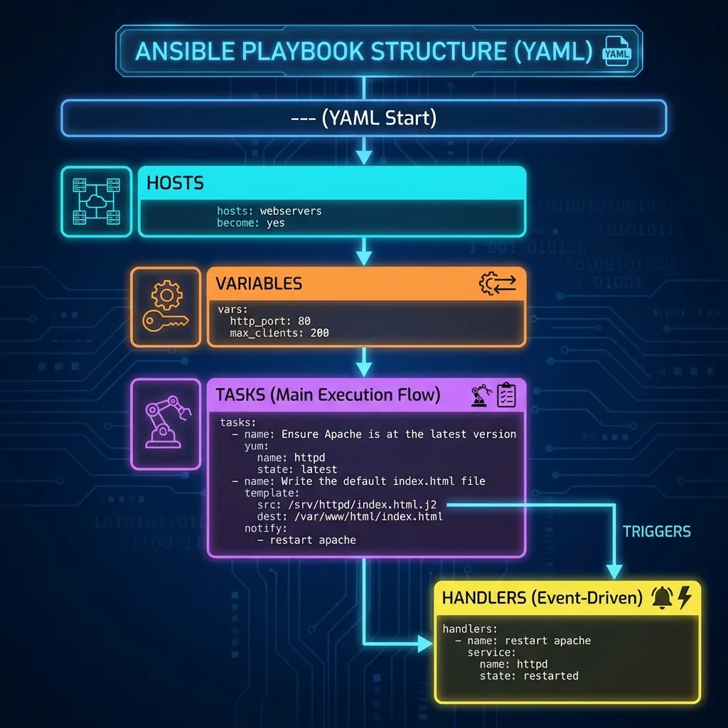 Struktur dasar Playbook: Hosts, Variables, Tasks, dan Handlers Struktur Playbook Ansible