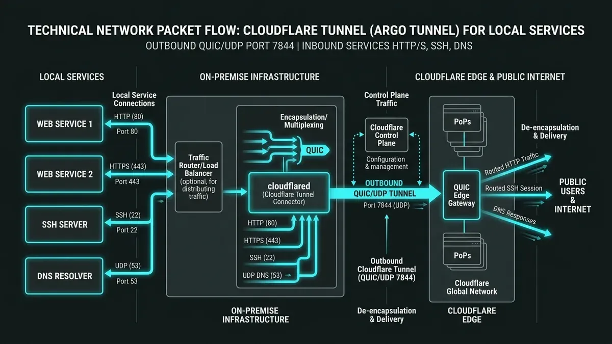 Technical network packet flow diagram showing Cloudflare Tunnel handling port 7844 UDP QUIC outbound to Cloudflare Edge while serving local services