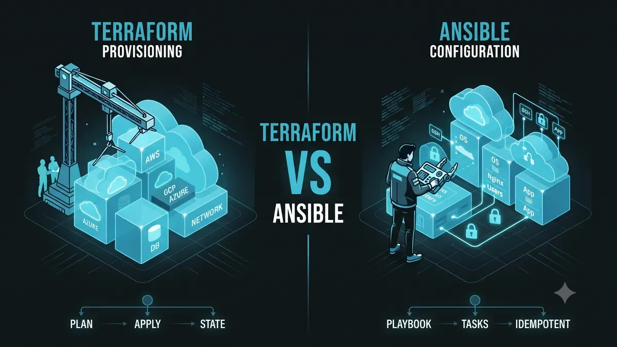 Terraform provisioning cloud resources on one side, Ansible configuring them on the other