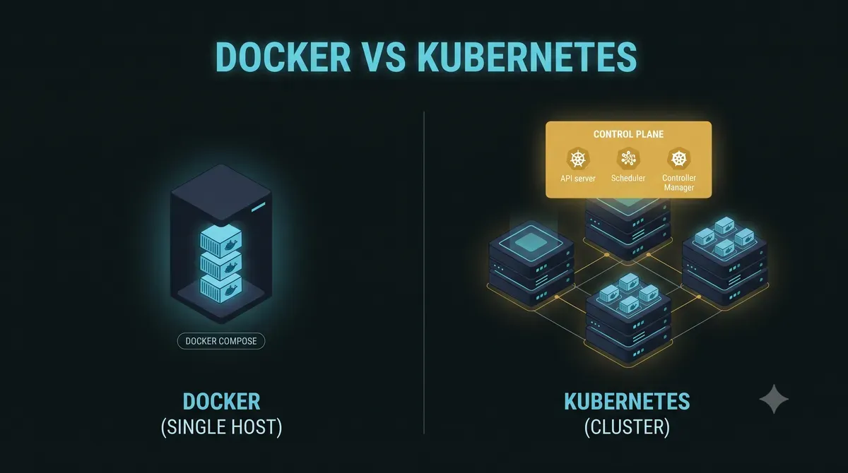 Docker versus Kubernetes comparison illustration with a single host on one side and a cluster on the other
