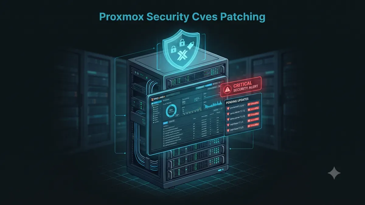 Proxmox VE security dashboard with pending updates and CVE alerts on a server rack