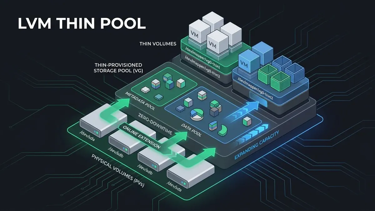 LVM thin pool data and metadata volume layout with online extension steps on a Linux host