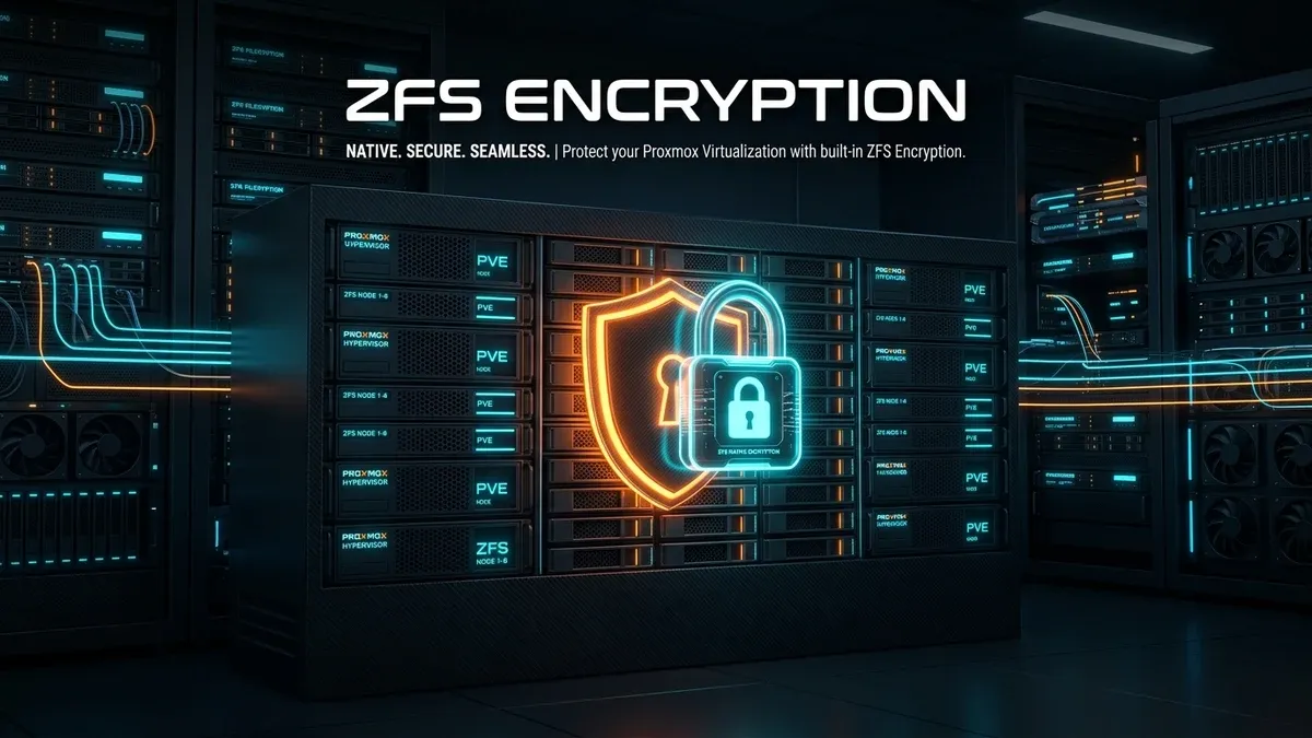 Dark terminal illustration of a Proxmox VE encrypted ZFS dataset with AES-256-GCM key management