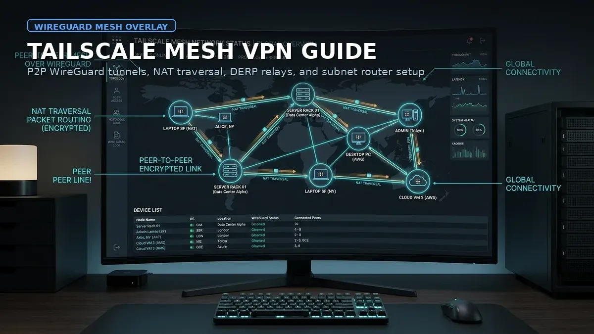 Tailscale mesh VPN global network overview showing peer-to-peer WireGuard connections and latency