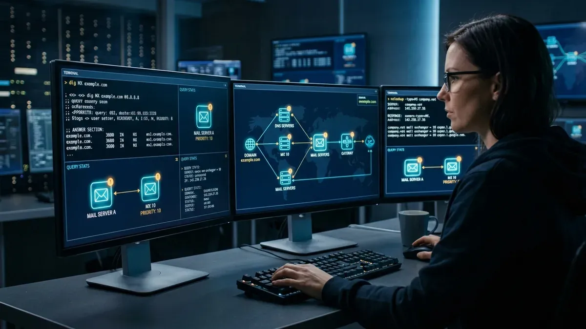 Sysadmin analyzing DNS mail exchange MX records in terminal and network diagnostic consoles