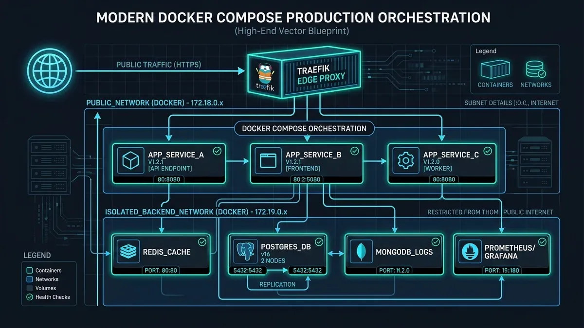Docker Compose production architecture diagram with reverse proxy and secrets