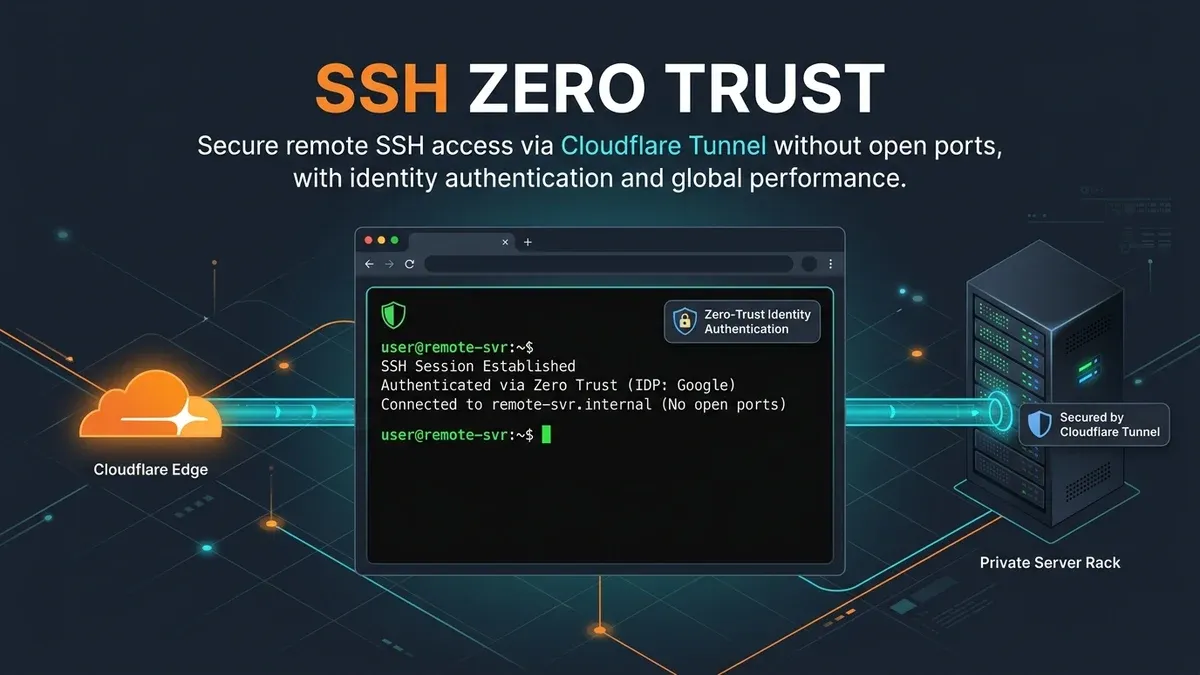 Zero-trust SSH access diagram using Cloudflare Tunnel and a browser terminal session