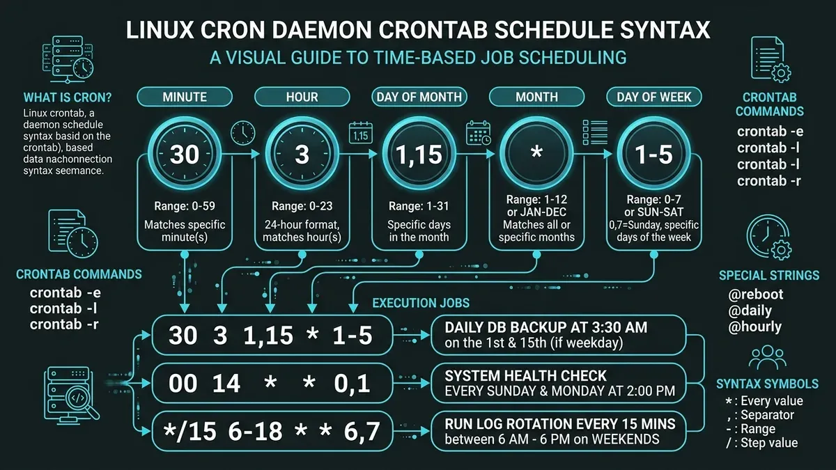 Visual guide to Linux cron daemon crontab schedule syntax with field intervals Linux cron daemon crontab schedule syntax visual guide showing time fields connecting to execution jobs