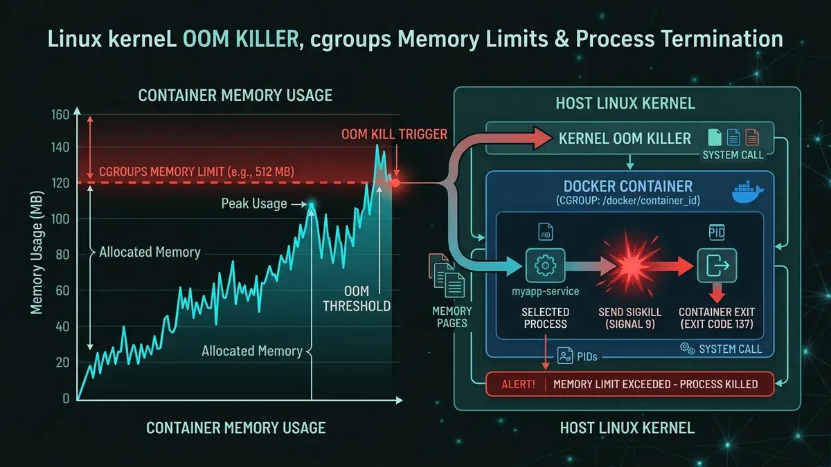 Technical diagram showing Linux kernel OOM Killer and cgroups memory limits in Docker
