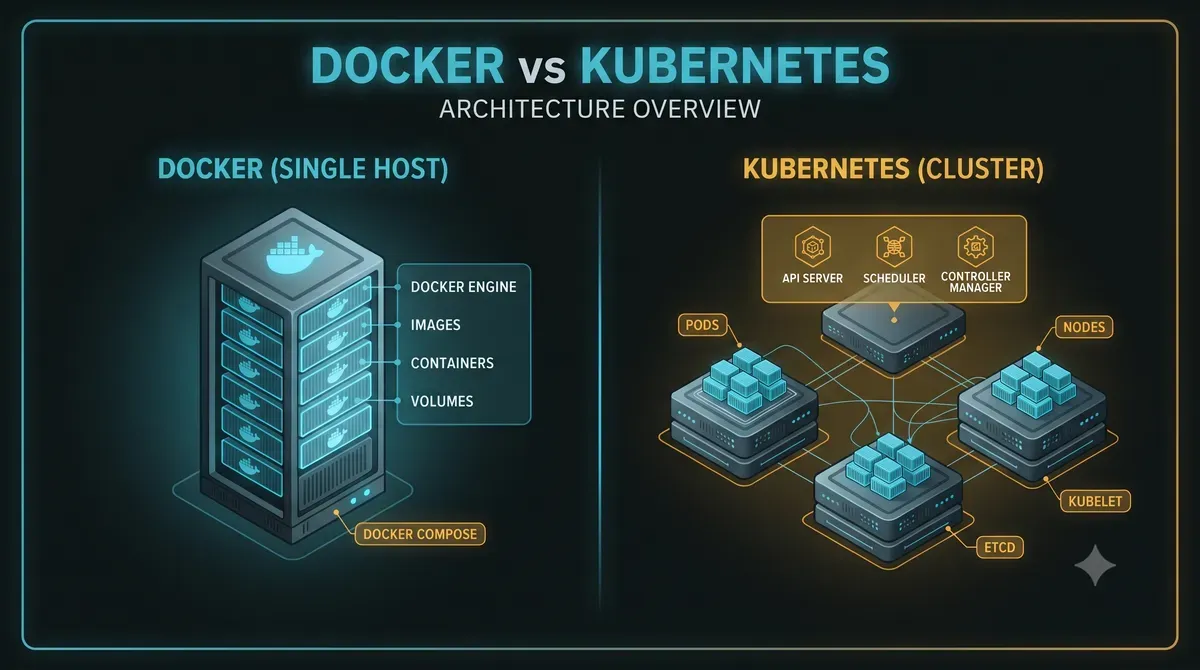 Docker Compose manages a few containers on one host, Kubernetes schedules pods across a control plane and multiple worker nodes Docker vs Kubernetes architecture comparison