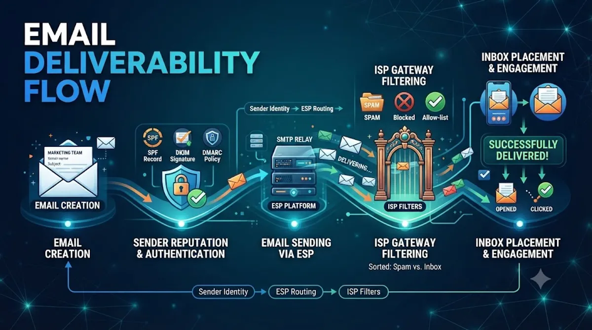 Email deliverability flow diagram showing SPF, DKIM, DMARC verification path and common failure points