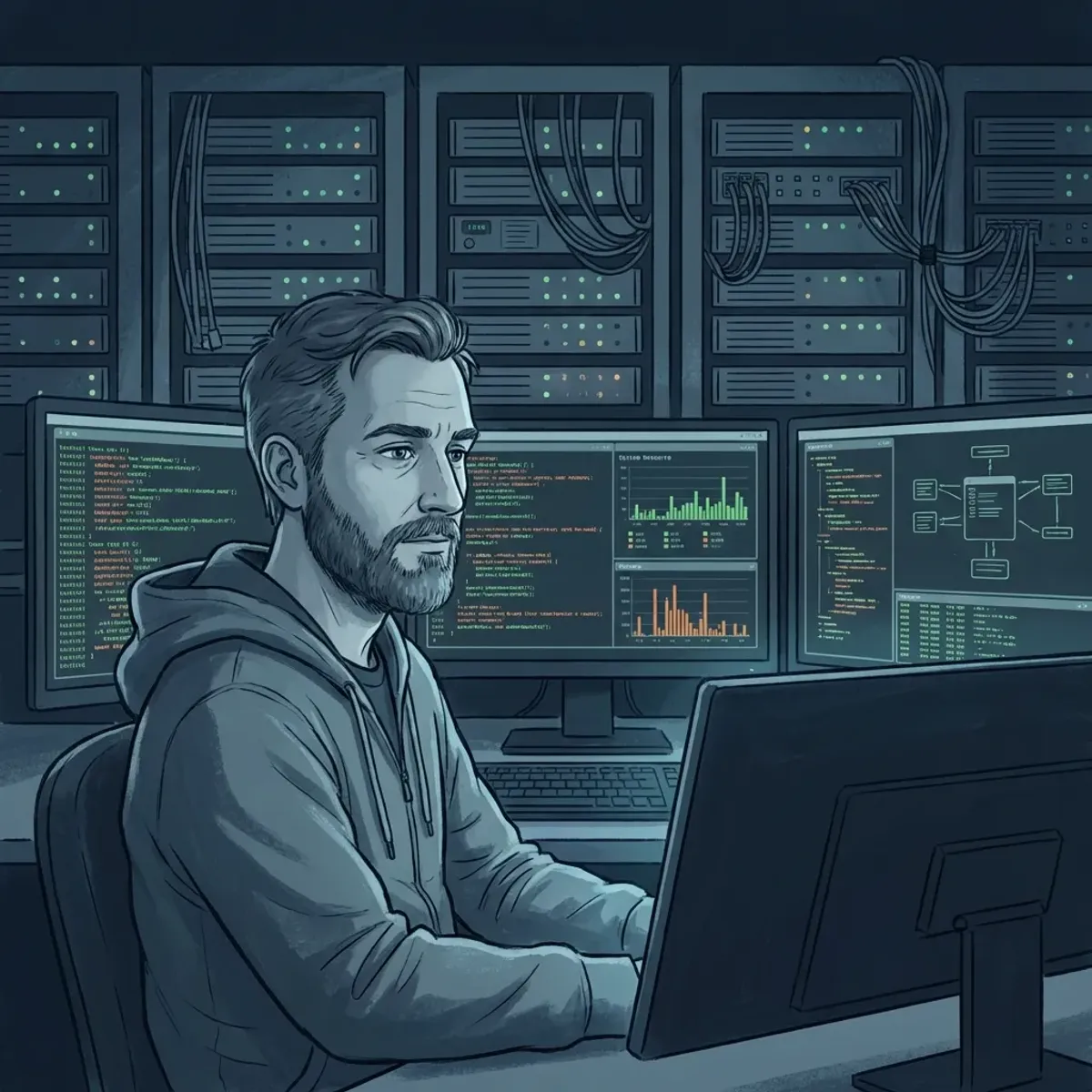 Illustration of a System Administrator working in a Linux terminal