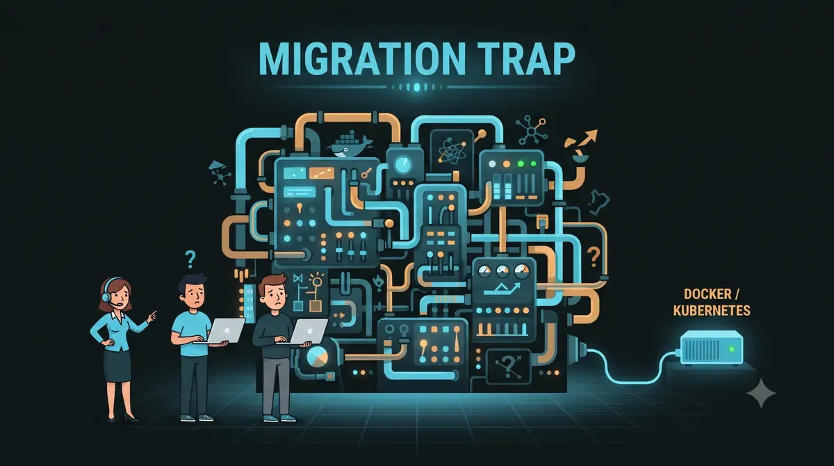 The migration trap: a team chasing complexity while the simple solution keeps working A small team wrestling with an overcomplicated machine while a simple server keeps working