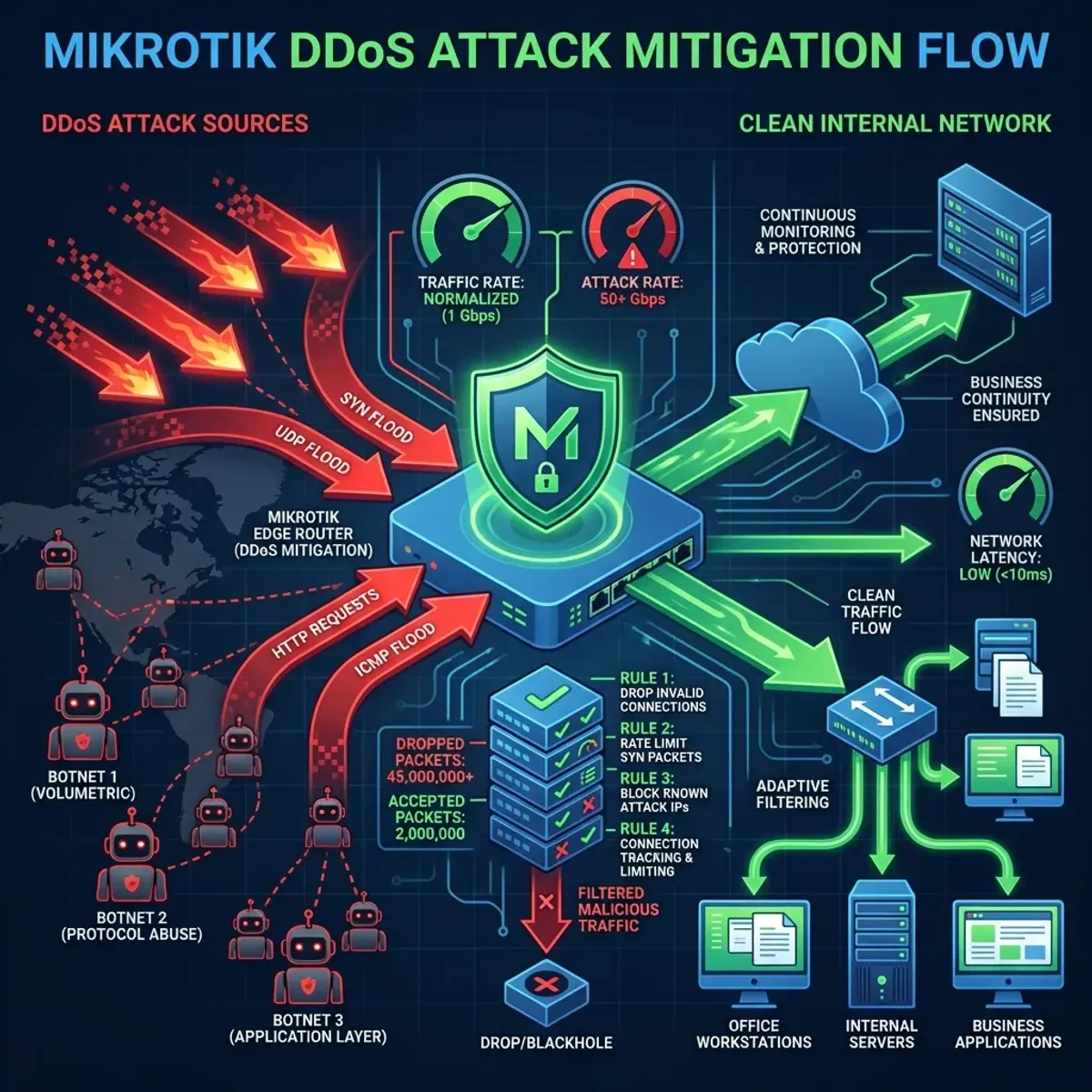 MikroTik network defense diagram against DDoS attacks