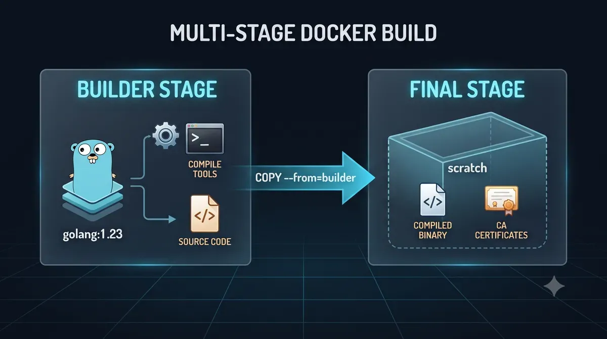 Multi-stage build flow: the builder stage compiles the binary, the scratch stage copies only the artifact