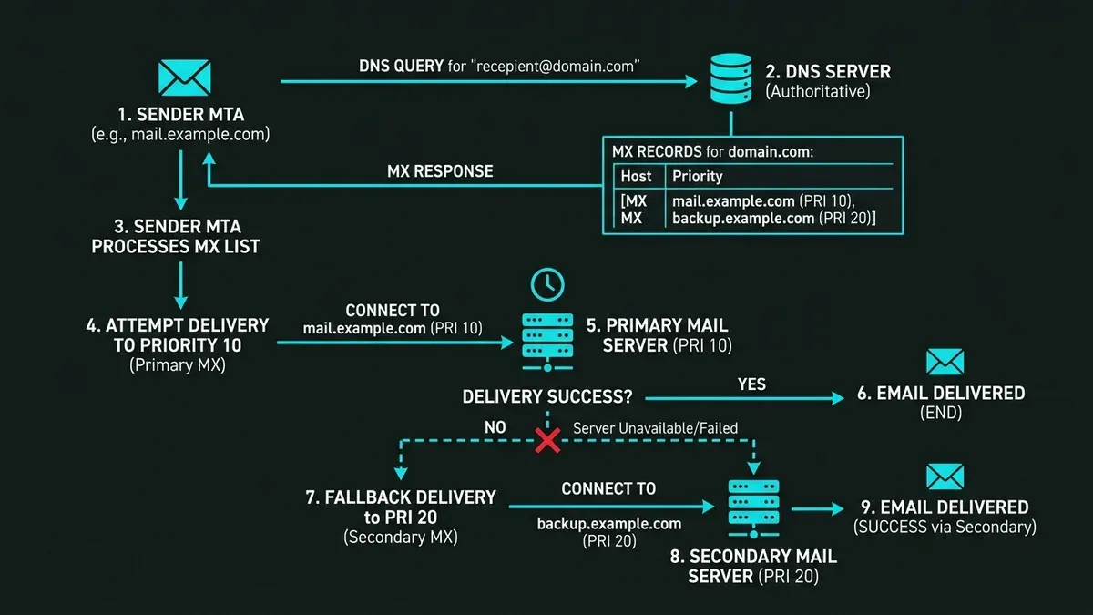 Technical flowchart showing DNS MX record resolution and priority handling connecting to primary and secondary mail servers