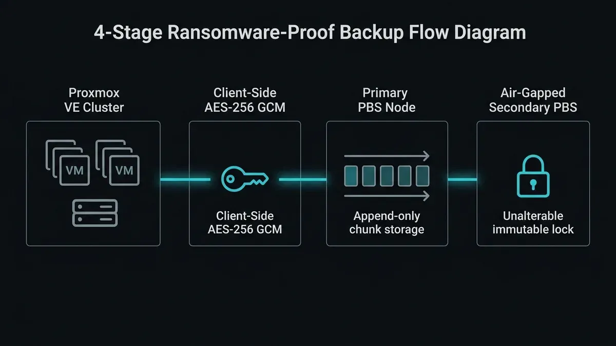 Proxmox Backup Server ransomware defense architecture showing encrypted chunk storage, pull synchronization, and immutable verification