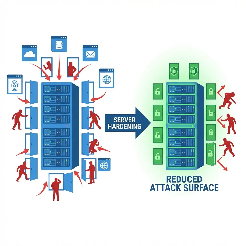 Hardening mengurangi titik masuk potensial bagi penyerang Visualisasi Pengurangan Attack Surface