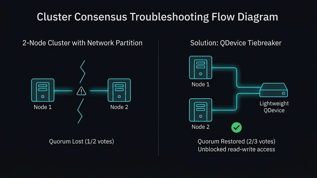 Proxmox VE cluster quorum and Corosync consensus troubleshooting diagram showing node partition and QDevice arbitration