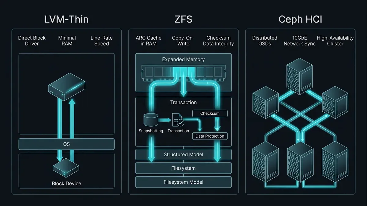 Proxmox VE storage architecture comparison showing LVM-Thin, ZFS, and Ceph layer interaction with physical disks and host RAM