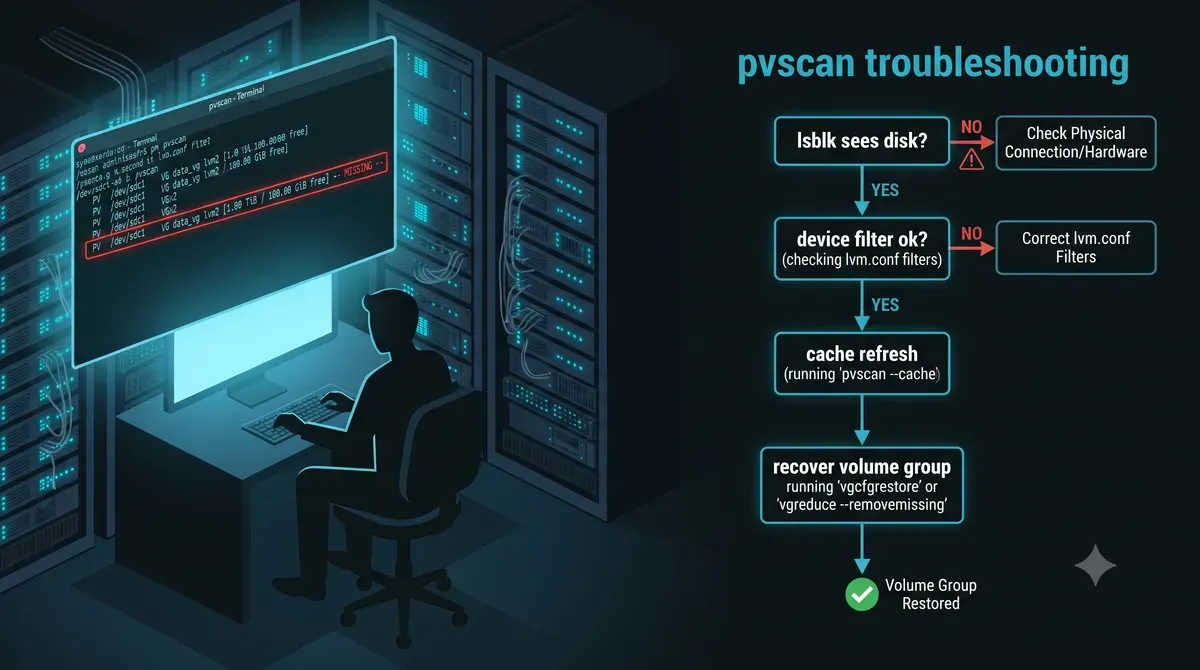 Decision flow when pvscan cannot find a disk pvscan troubleshooting decision flow: check kernel, check device filter, refresh cache, recover volume group