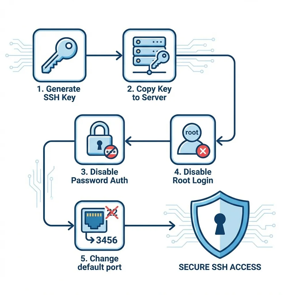 Langkah-langkah dari pembuatan key hingga mematikan login root Alur Hardening SSH