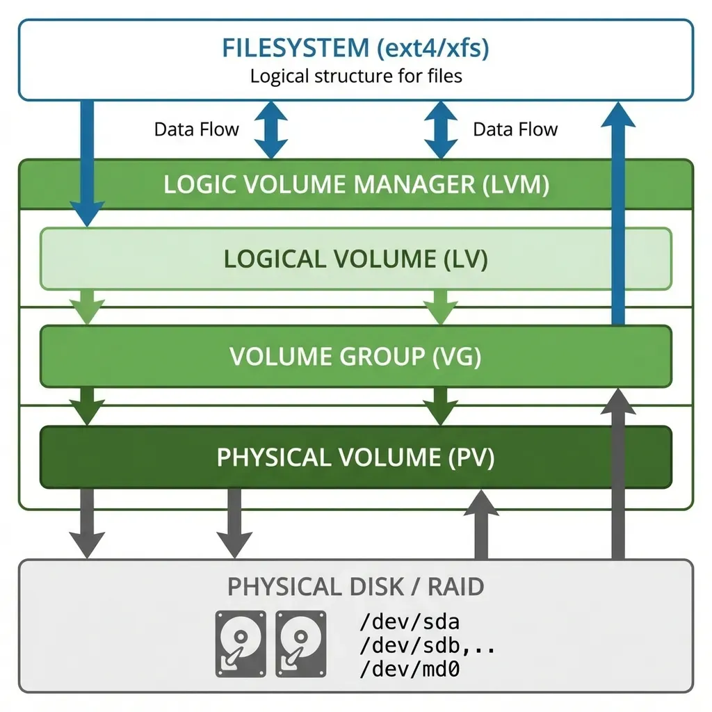 Understanding LVM's position between Filesystem and Physical Disk is crucial for troubleshooting Linux Storage Layers Overview