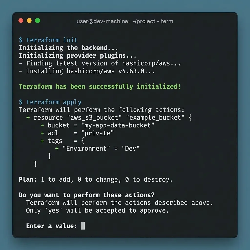 Example terminal output showing init and apply phases Terraform Init and Apply Terminal
