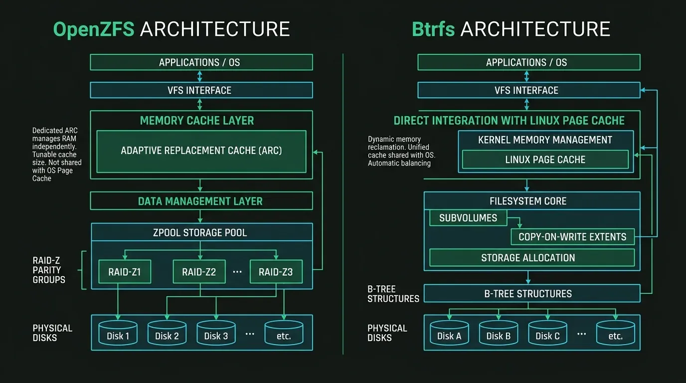 OpenZFS vs Btrfs Architecture Comparison